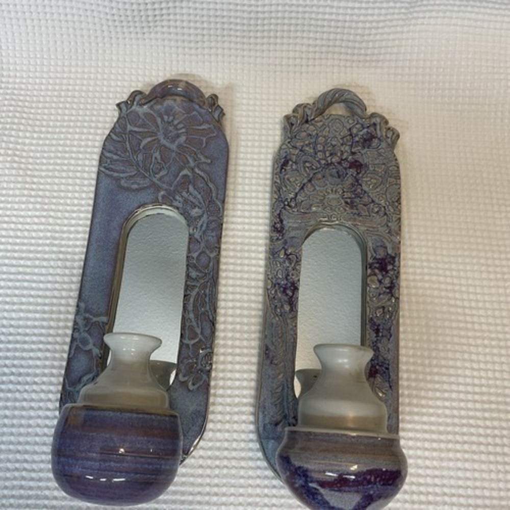 NWOB Handcrafted 2 Ceramic Pottery Candle Sconce-Art Nouveau Floral Wall Mirror